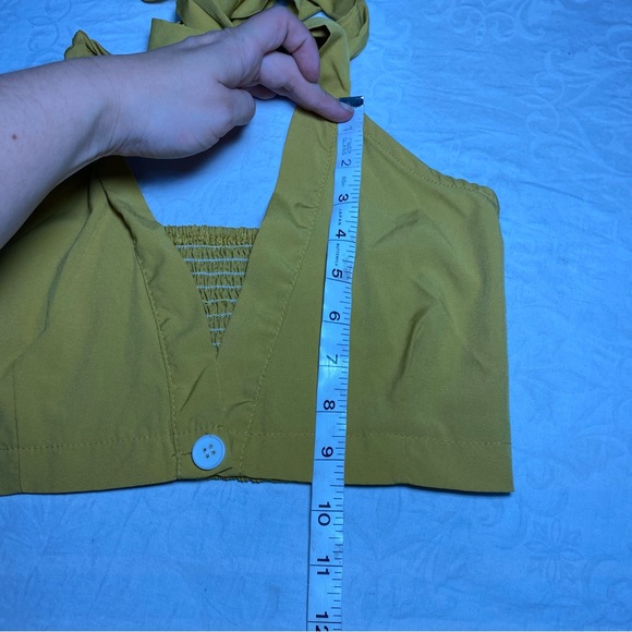 Unique Halter Top Button Front Plunge V Neck Smocked Yellow Vintage Style Medium - Picture 5 of 6